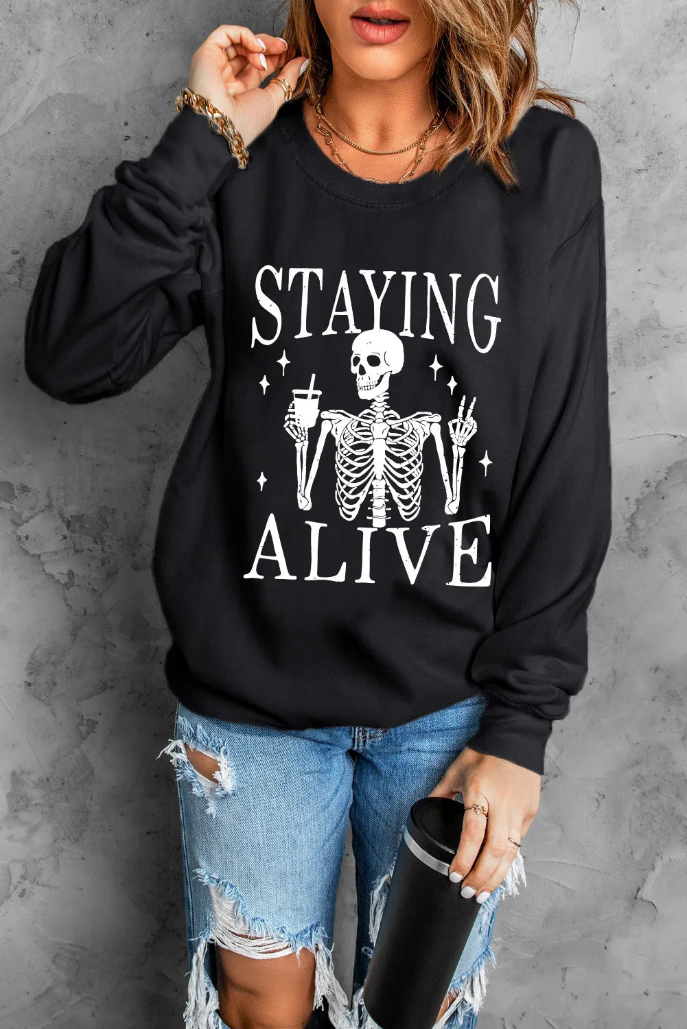 Skull Graphic Women&#39;s Staying Alive Long Sleeve Sweatshirt - Sydney So Sweet