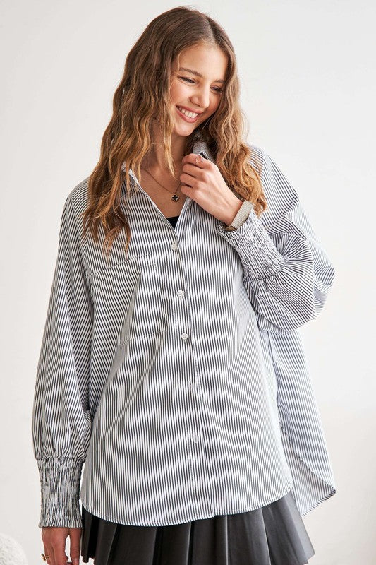 ADORA High-Low Striped Button Down Smocked Lantern Sleeve Shirt - Sydney So Sweet