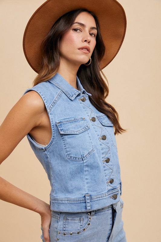 Annie Wear Collared Neck Button Down Denim Vest - Sydney So Sweet