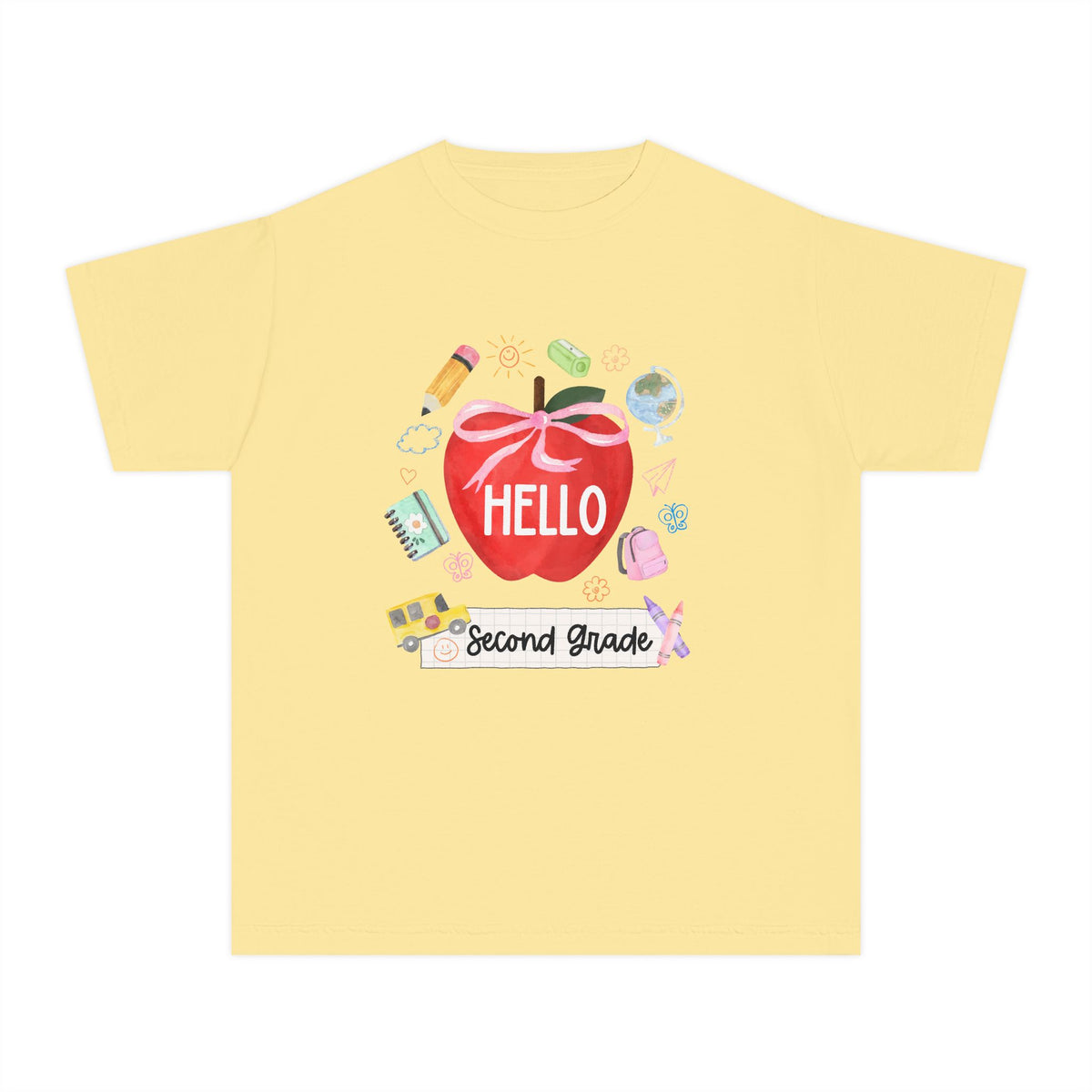 Hello Second Grade Preppy Coquette Apple Graphic Tee Back to School 2nd Grade T-Shirt