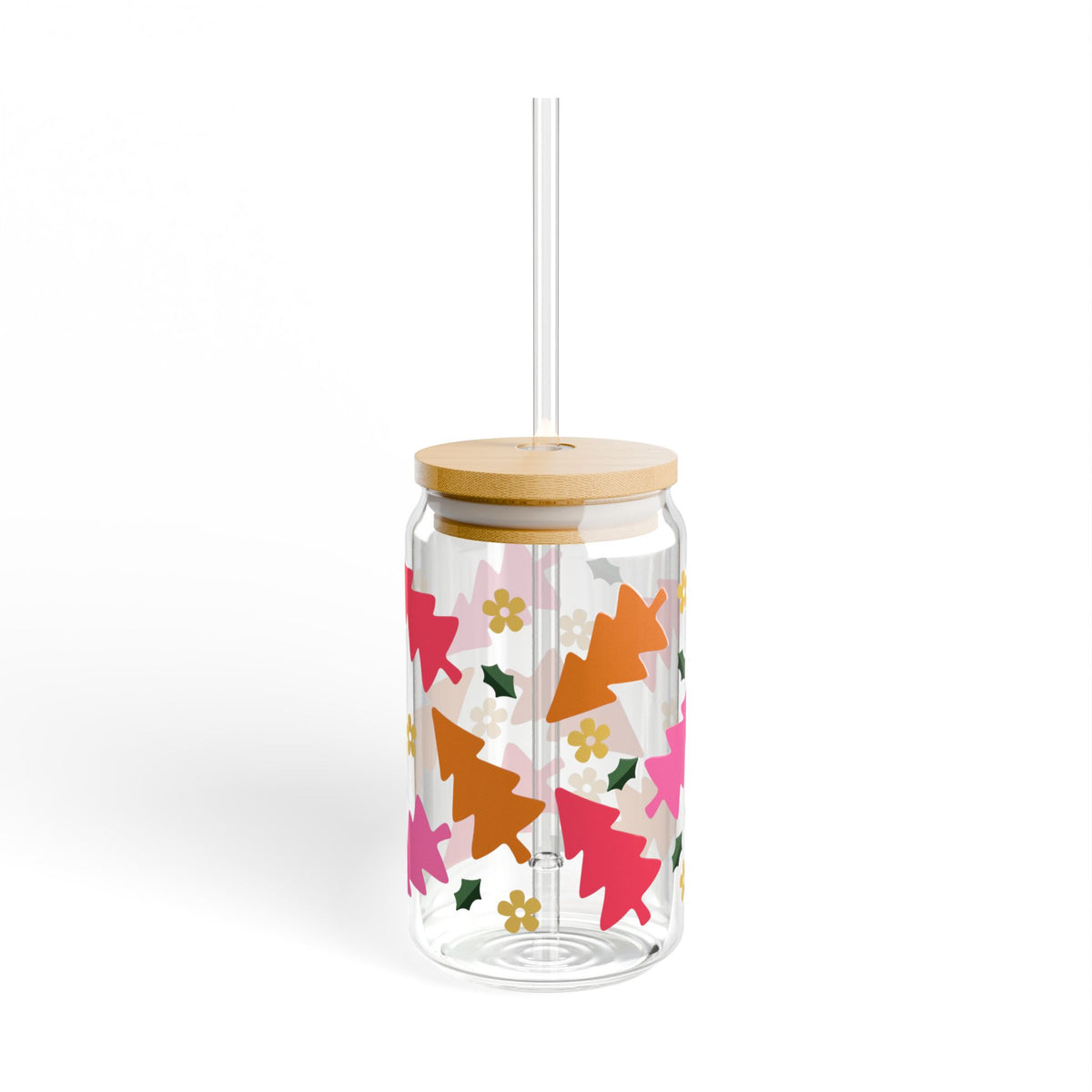 Groovy Christmas Holiday Sipper Glass 16oz Reusable Drink Jar with Lid & Straw