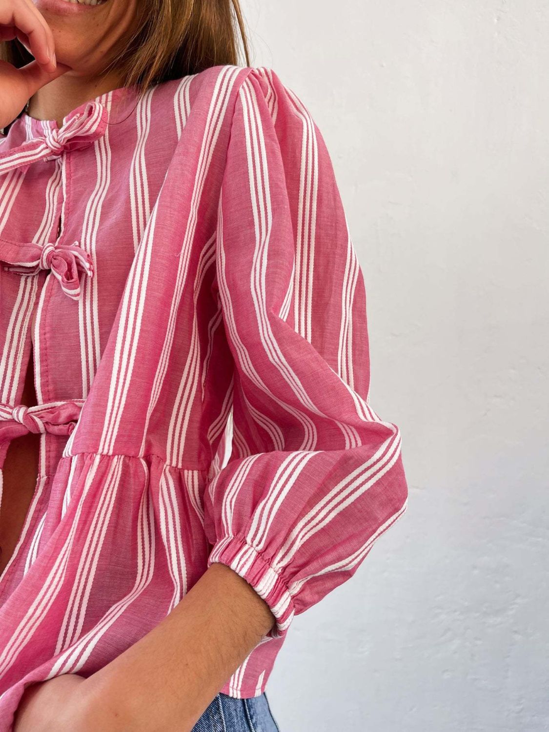 Tied Round Neck Balloon Sleeve Shirt - Sydney So Sweet