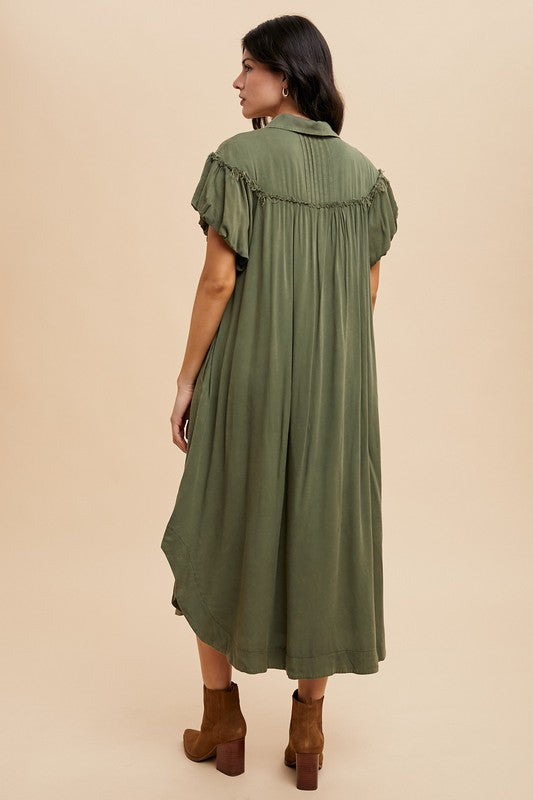 Annie Wear Mineral Washed Button Down Puff Sleeve Shirt Dress - Sydney So Sweet