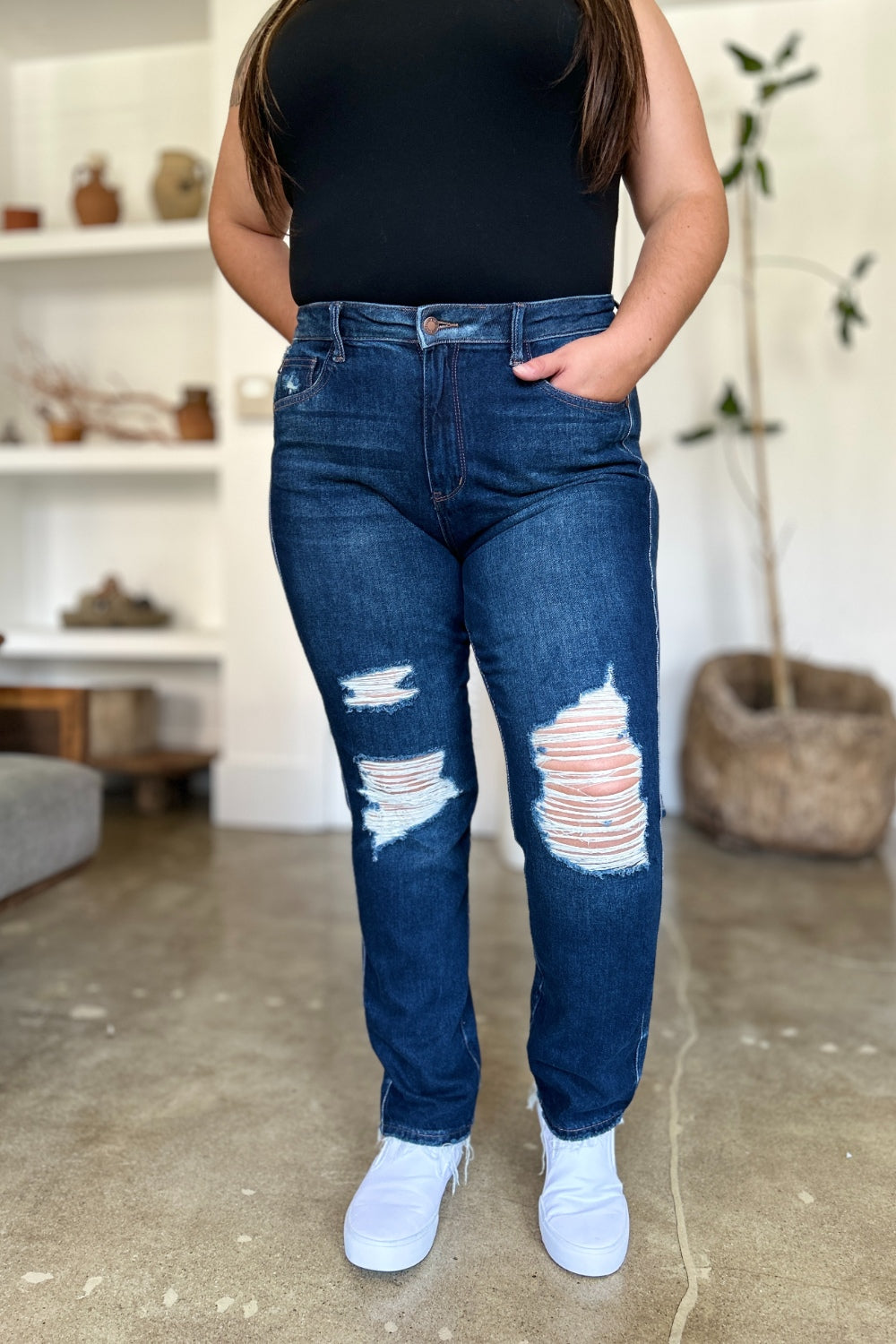 Judy Blue Full Size High Waist Rigid Magic Heavy Destroy Straight Jeans - Sydney So Sweet