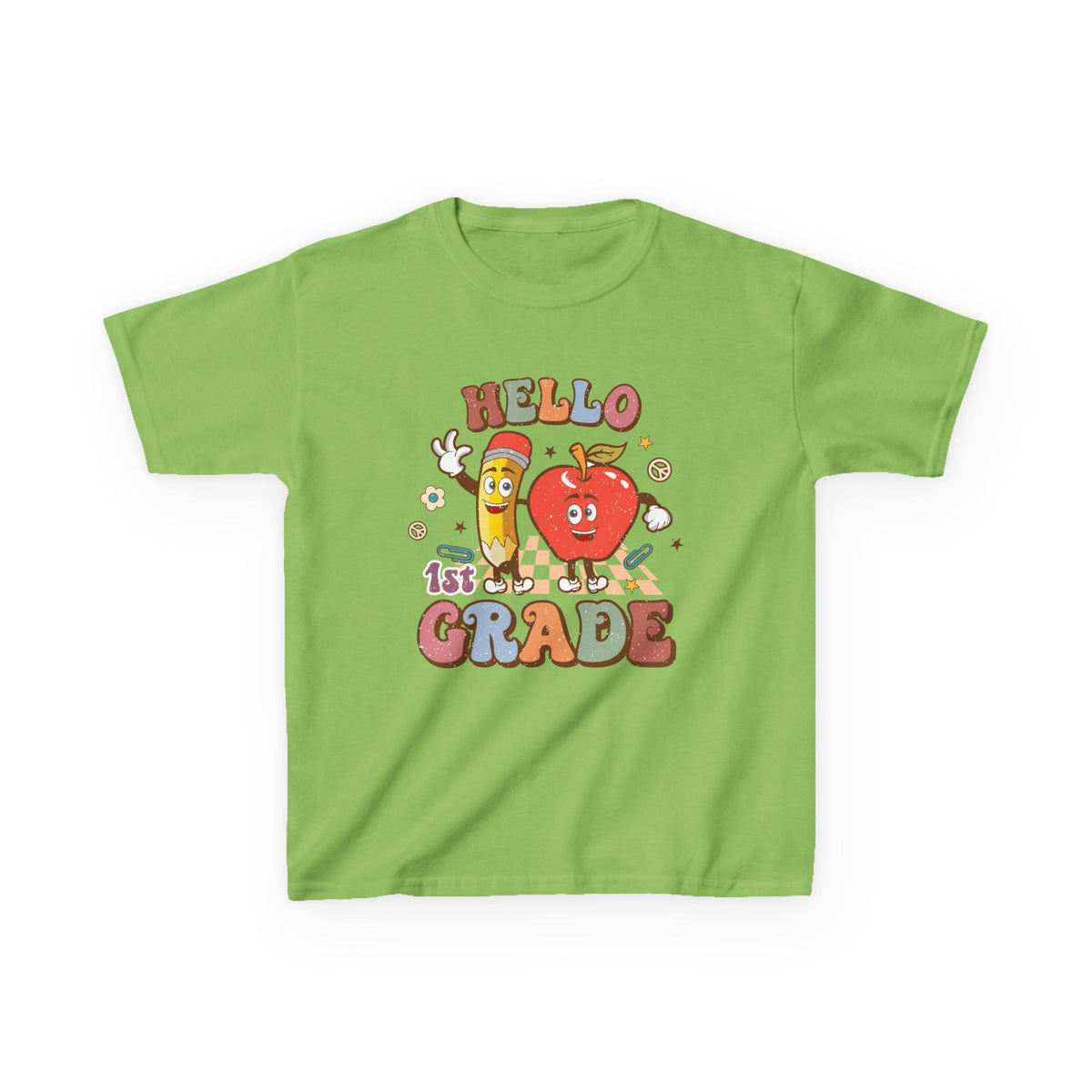 Hello 1st Grade Cute Apple & Pencil Graphic Tee Back-to-School First Grade Kids T-Shirt