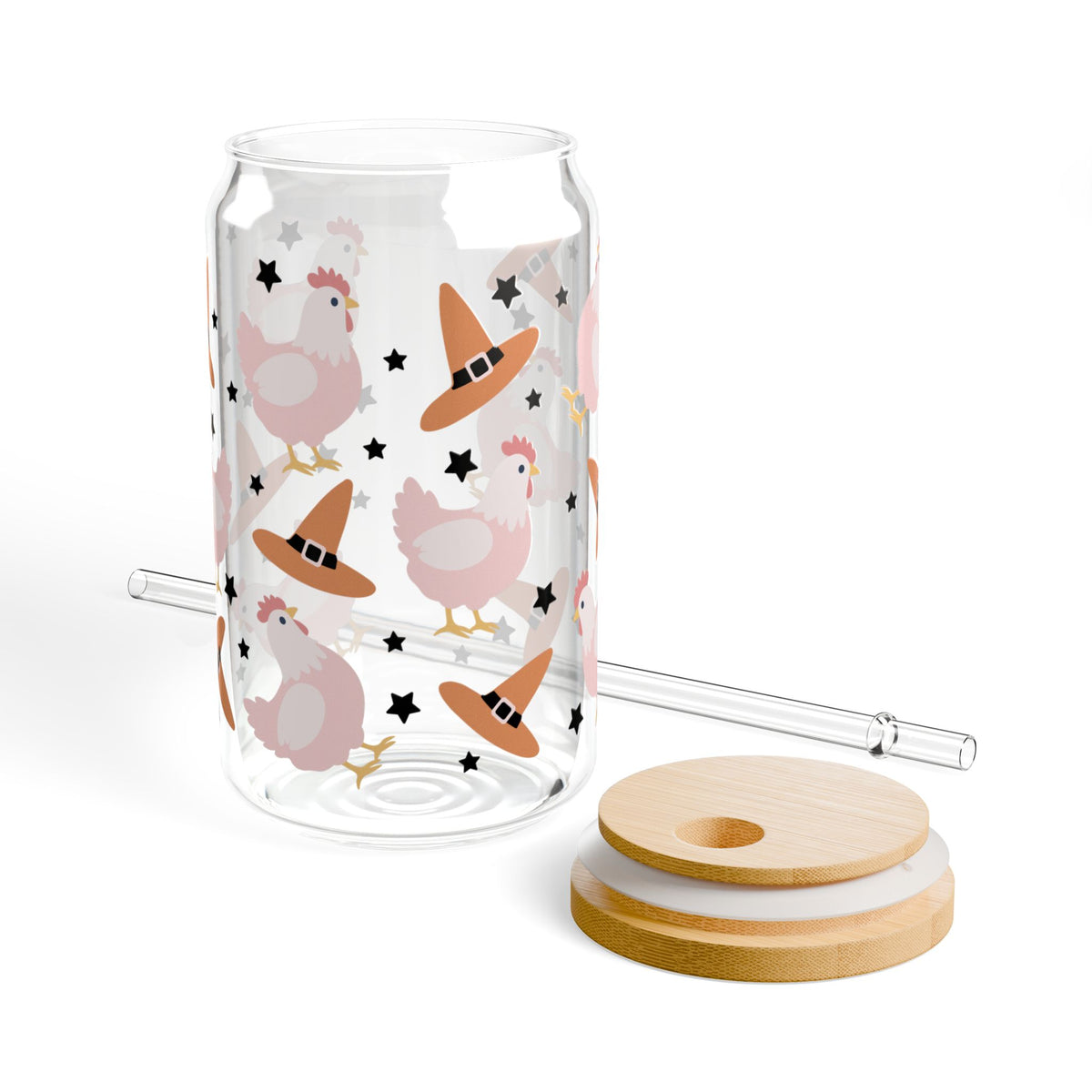 Chicken & Witch Halloween Sipper Glass 16oz Reusable Drink Jar with Lid & Straw