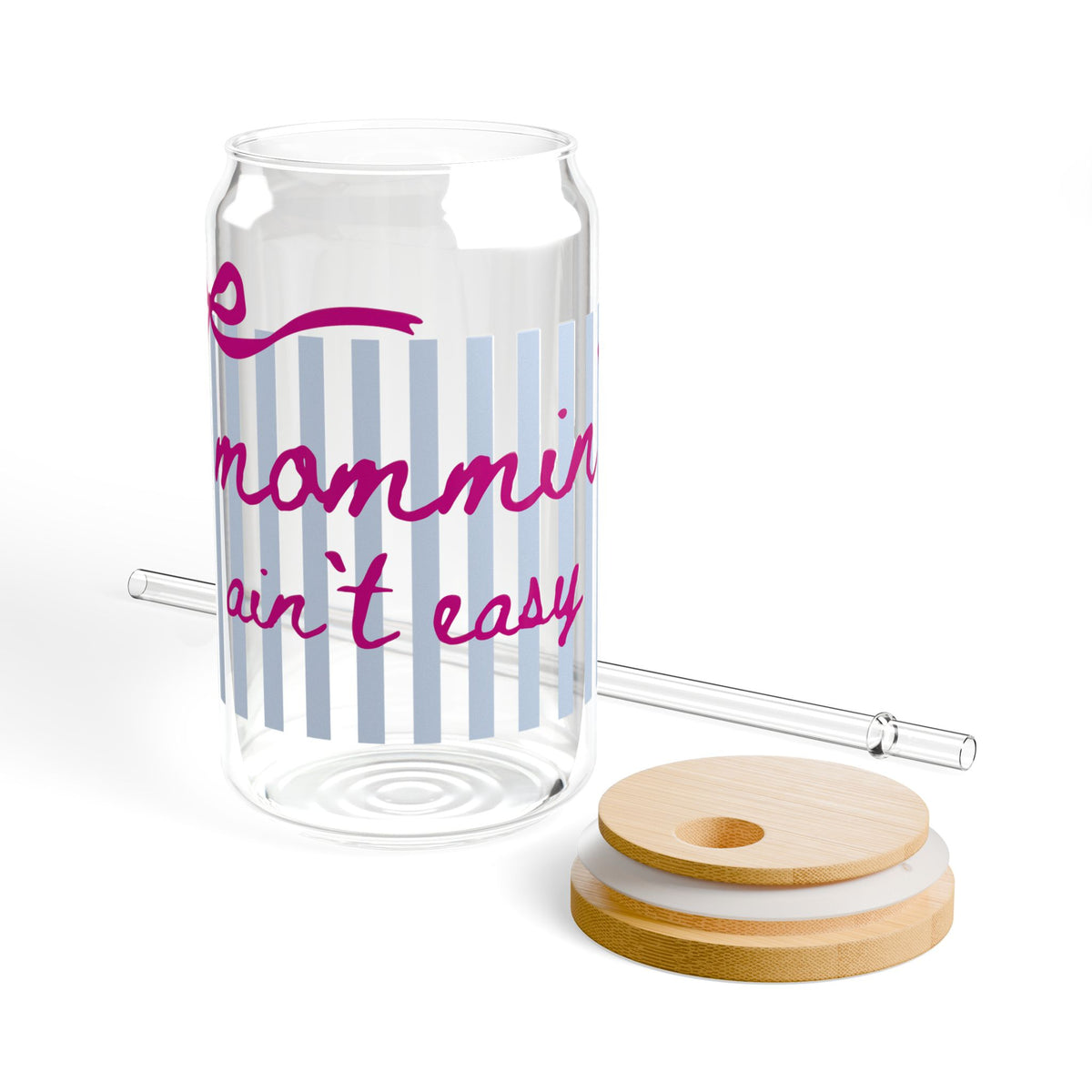Mommin' Ain't Easy Pink Script Sipper Glass 16oz Reusable Drink Jar with Lid & Straw