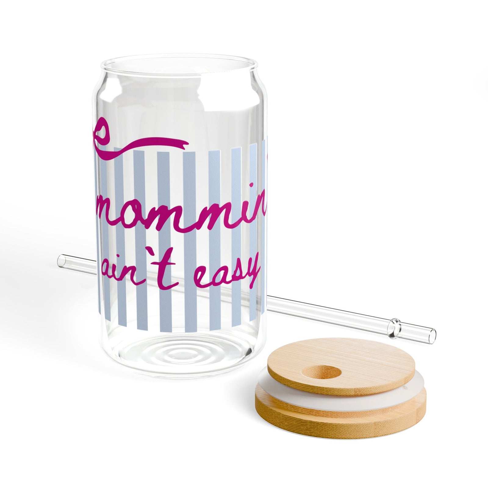 Mommin' Ain't Easy Pink Script Sipper Glass 16oz Reusable Drink Jar with Lid & Straw