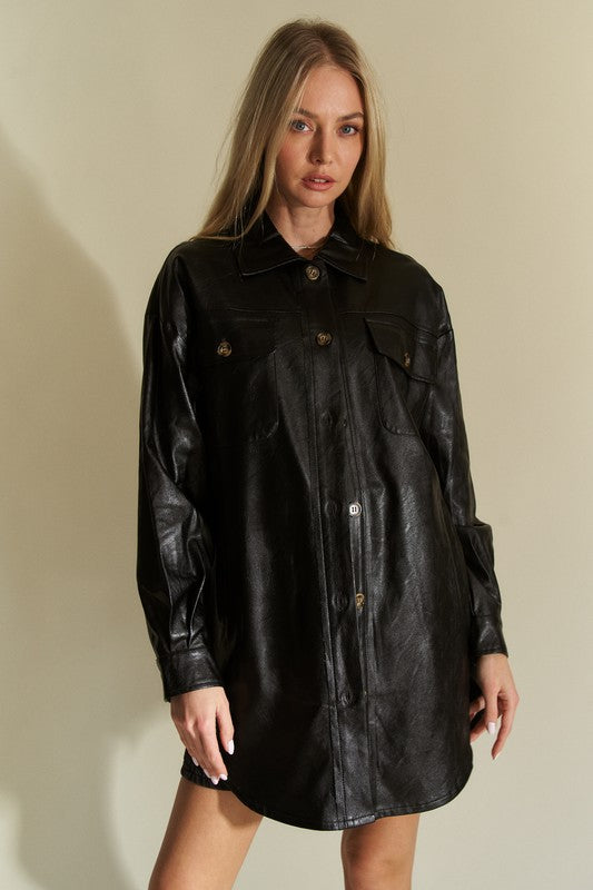 Davi & Dani Faux Leather Button Up Jacket with Chest Pockets - Sydney So Sweet