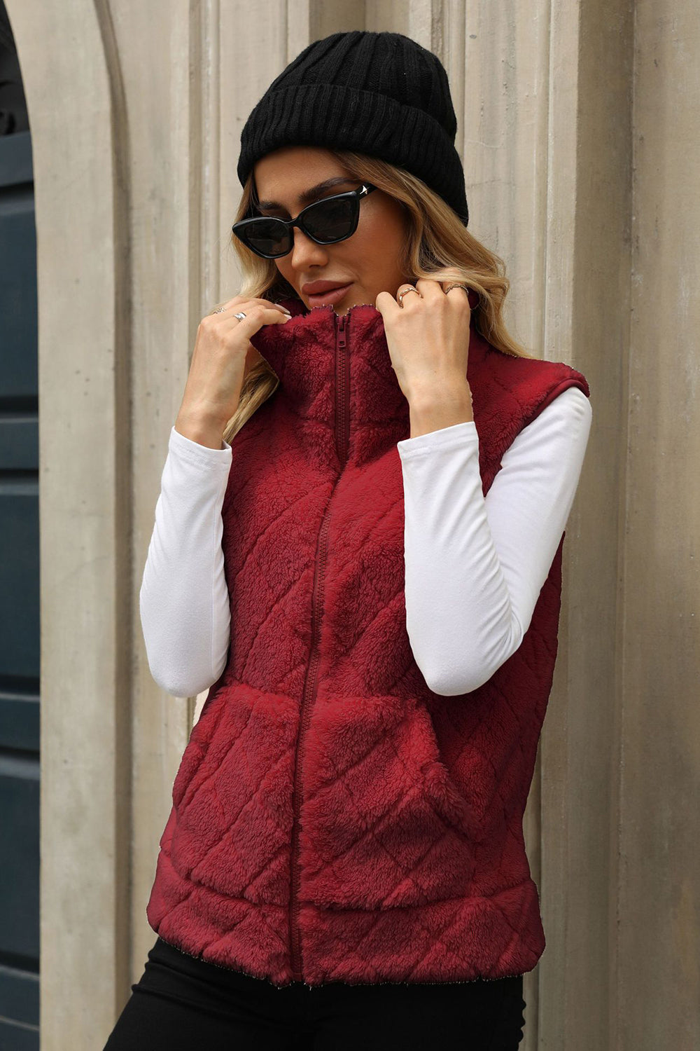 Fuzzy Plaid Texture Zip Up Vest Coat - Sydney So Sweet