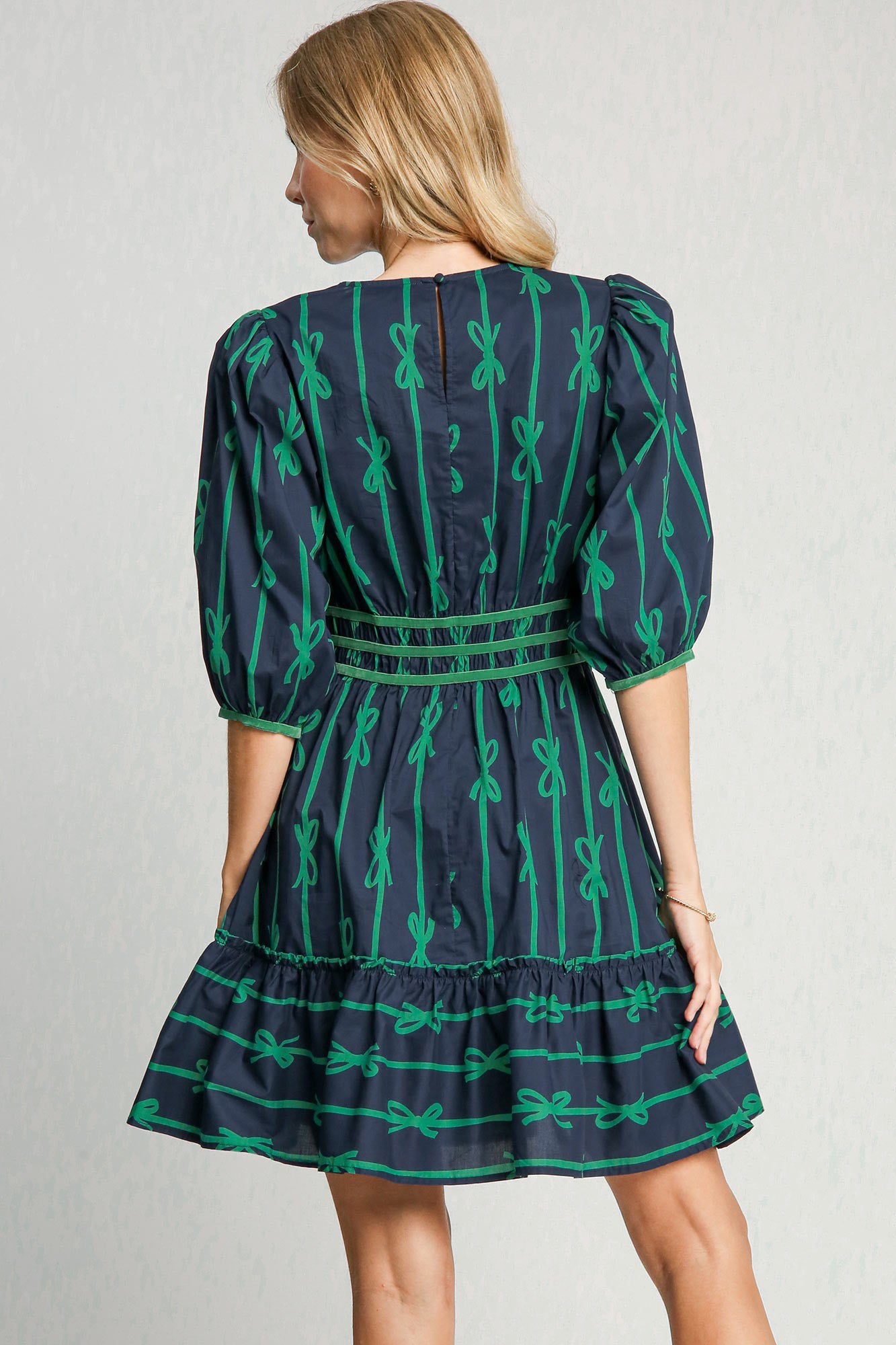 Umgee Ribbon Print Frill Contrast Velvet Trim Half Sleeve Dress - Sydney So Sweet