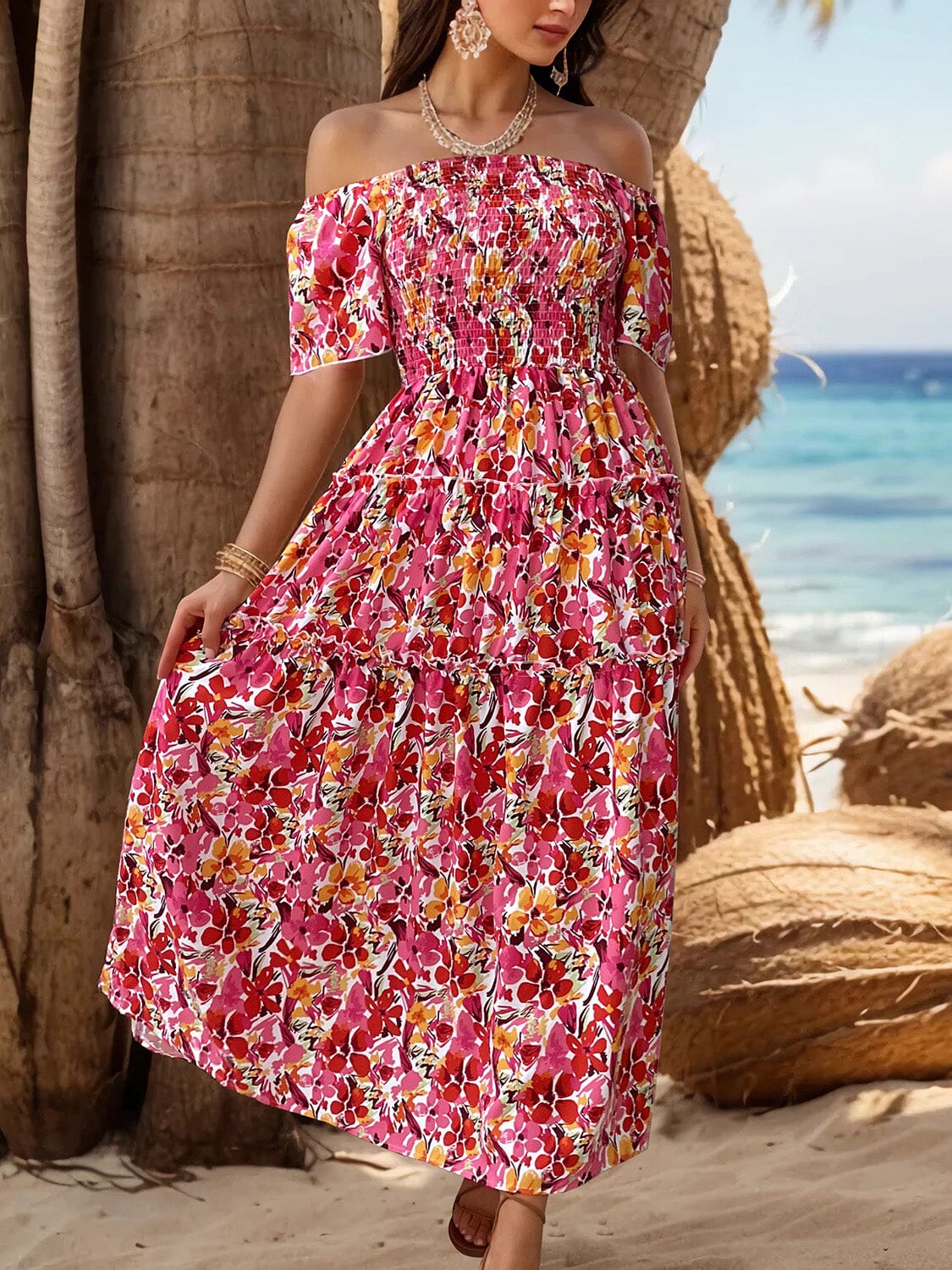 Slit Floral Off-Shoulder Short Sleeve Dress - Sydney So Sweet