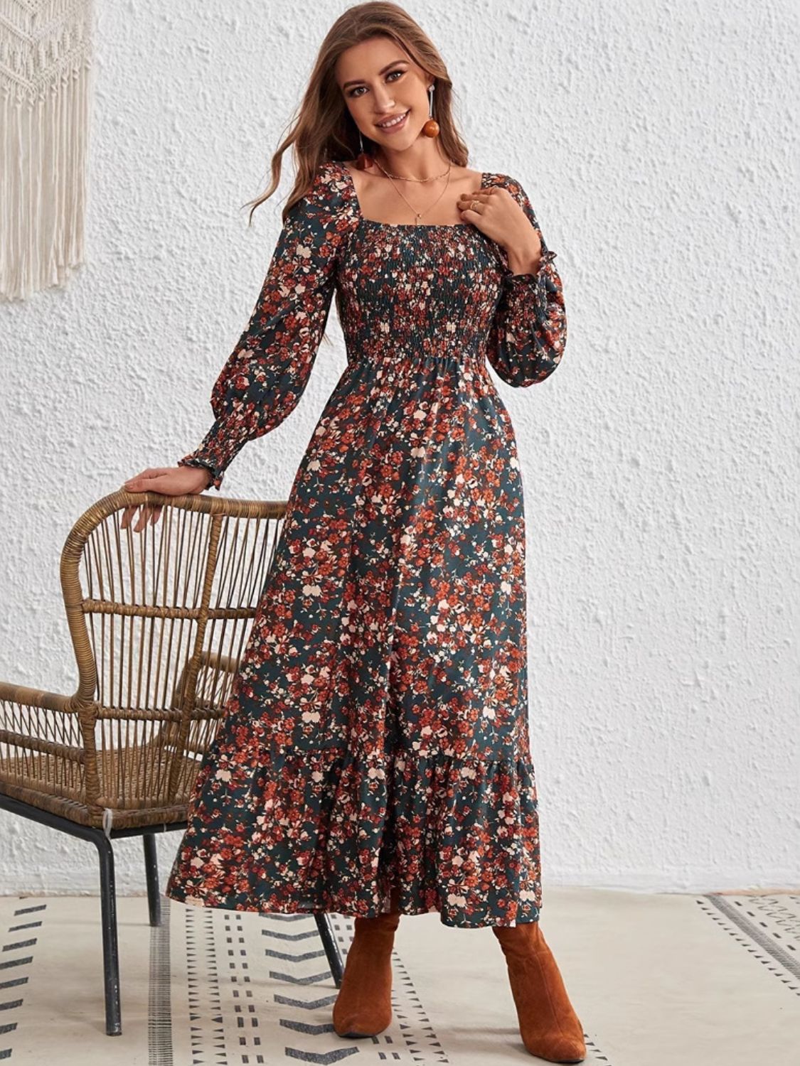 Smocked Floral Square Neck Long Sleeve Dress - Sydney So Sweet