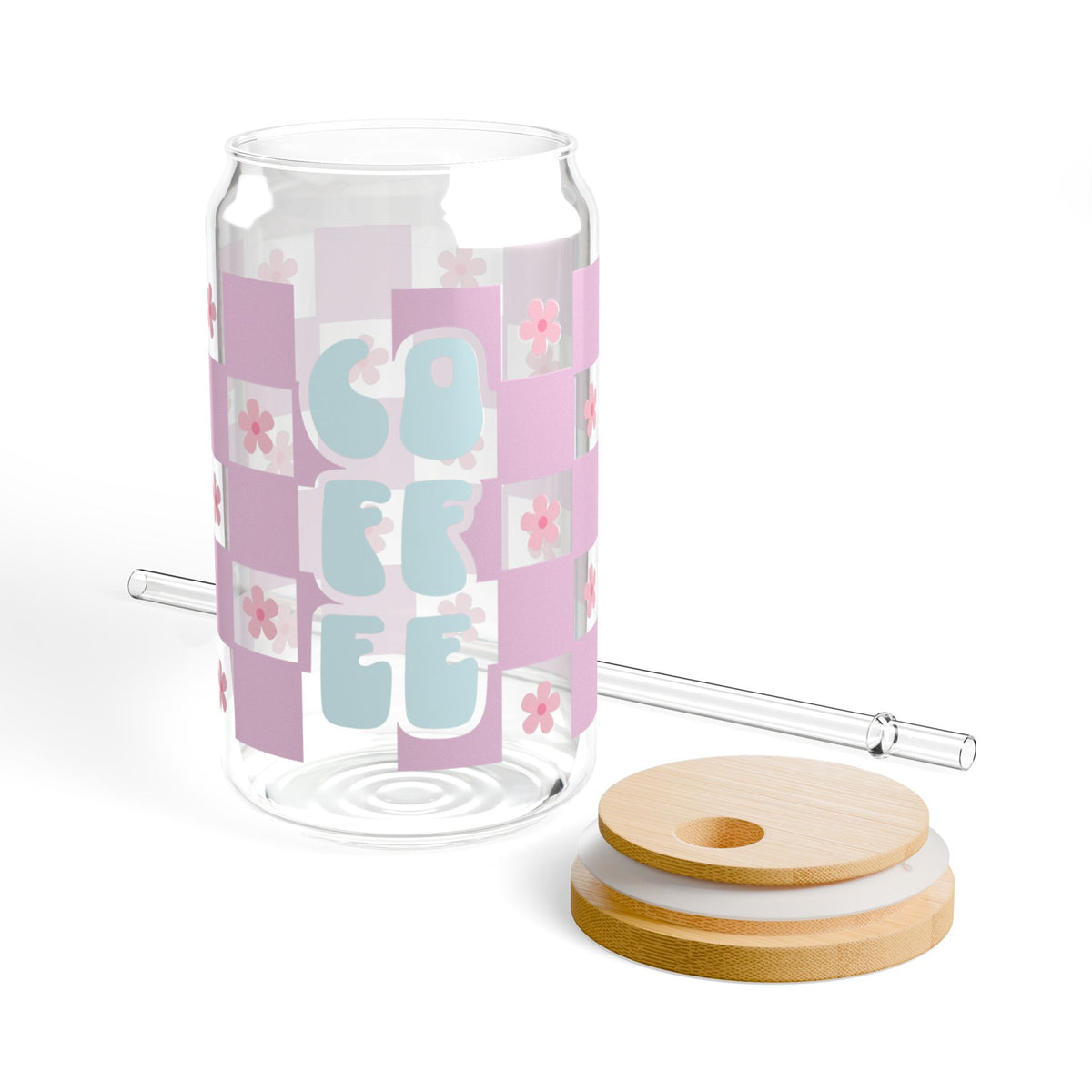 Coffee Checkerboard Tumbler Sipper Glass 16oz — Reusable Drink Jar with Lid & Straw - Sydney So Sweet