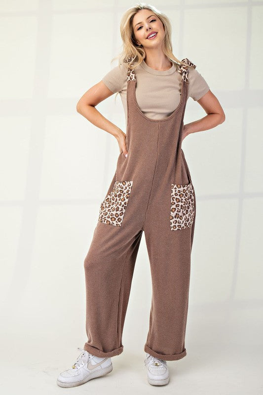 Celeste Full Size Ribbed Leopard Tied Shoulder Overalls - Sydney So Sweet