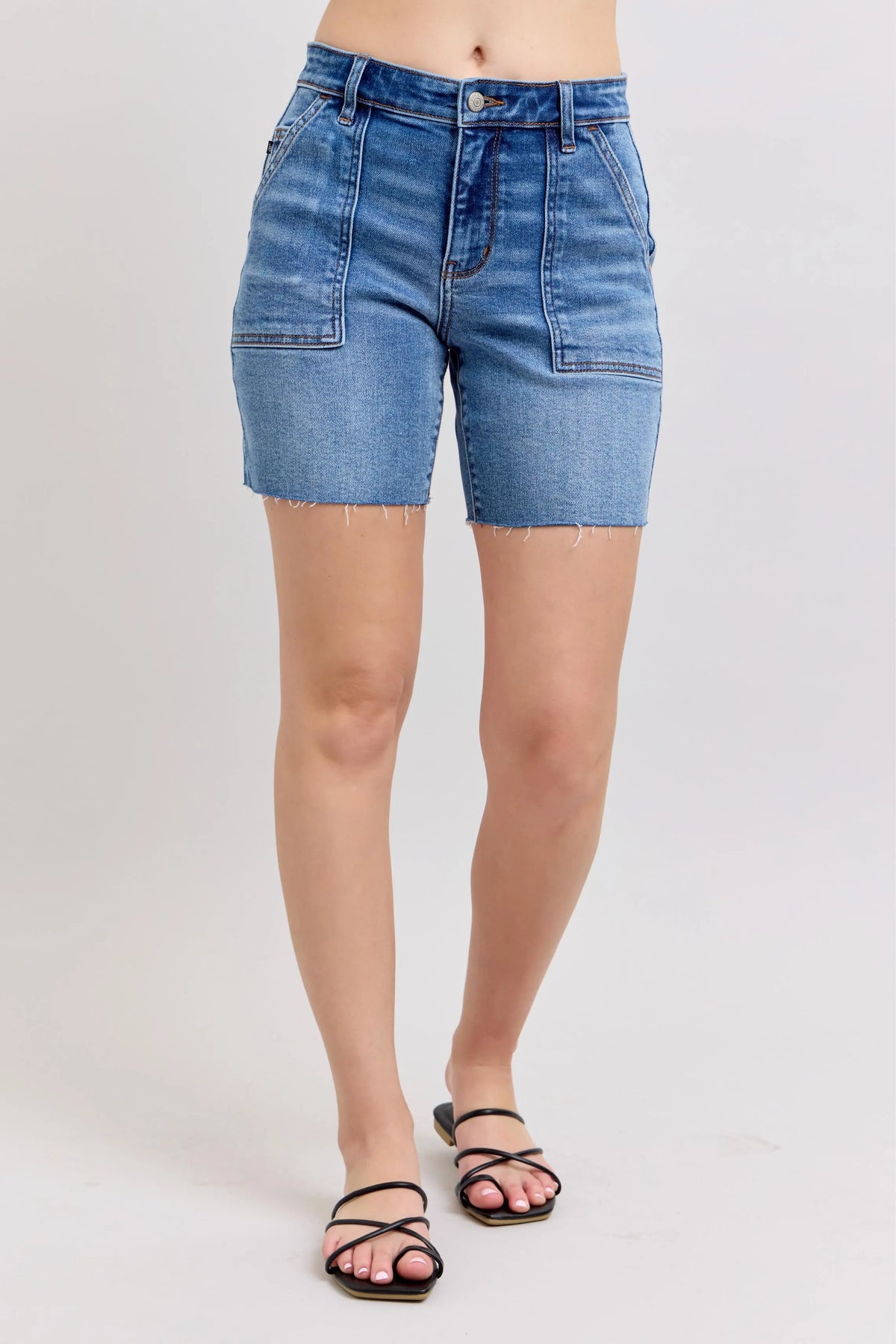 Judy Blue Full Size Mid Rise Bermudas Denim Shorts W/ Back Flap Pockets Plus Size - Sydney So Sweet