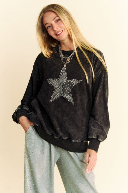 Davi &amp; Dani Stud Star Patch Acid Washed Sweatshirt - Sydney So Sweet