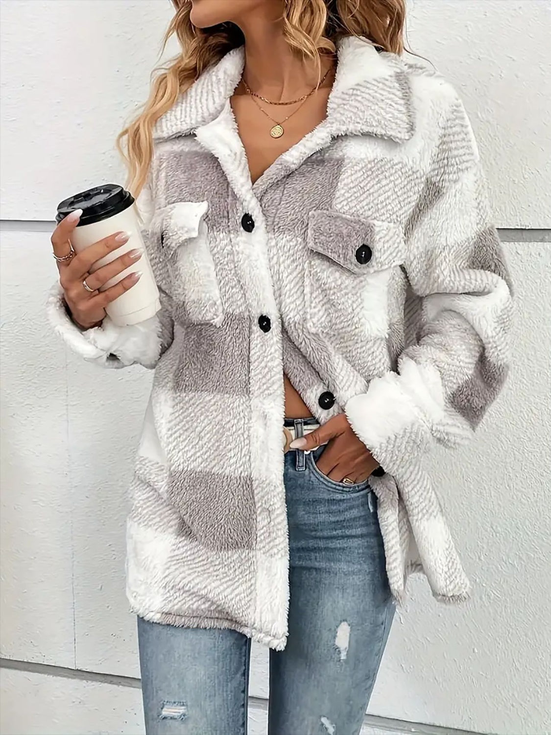 Plaid Dropped Shoulder Long Sleeve Plush Coat - Sydney So Sweet