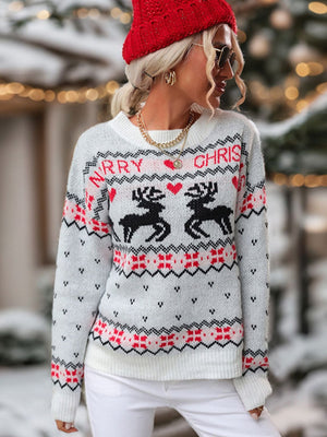 Perfee Reindeer Round Neck Long Sleeve Sweater - Sydney So Sweet