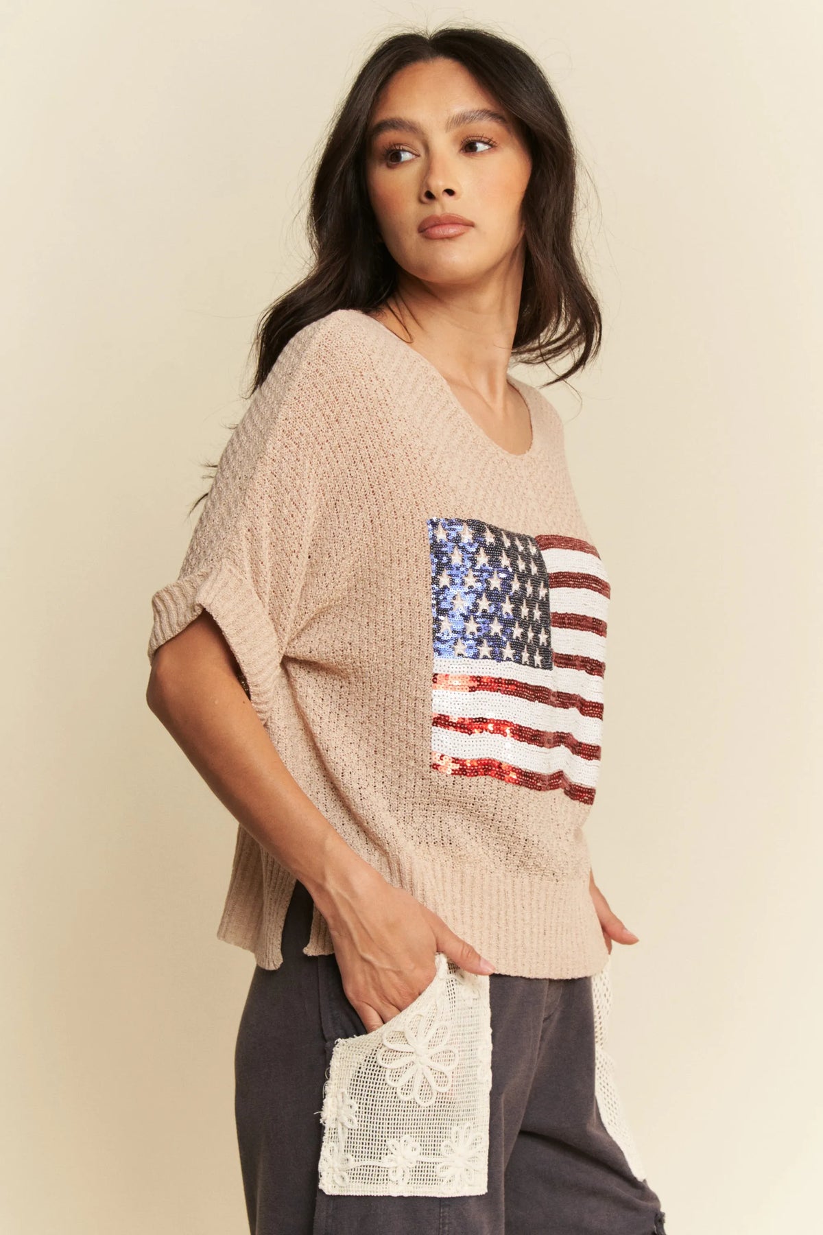 Davi & Dani Sequin American Flag Patch Short Sleeve Knit Top - Sydney So Sweet