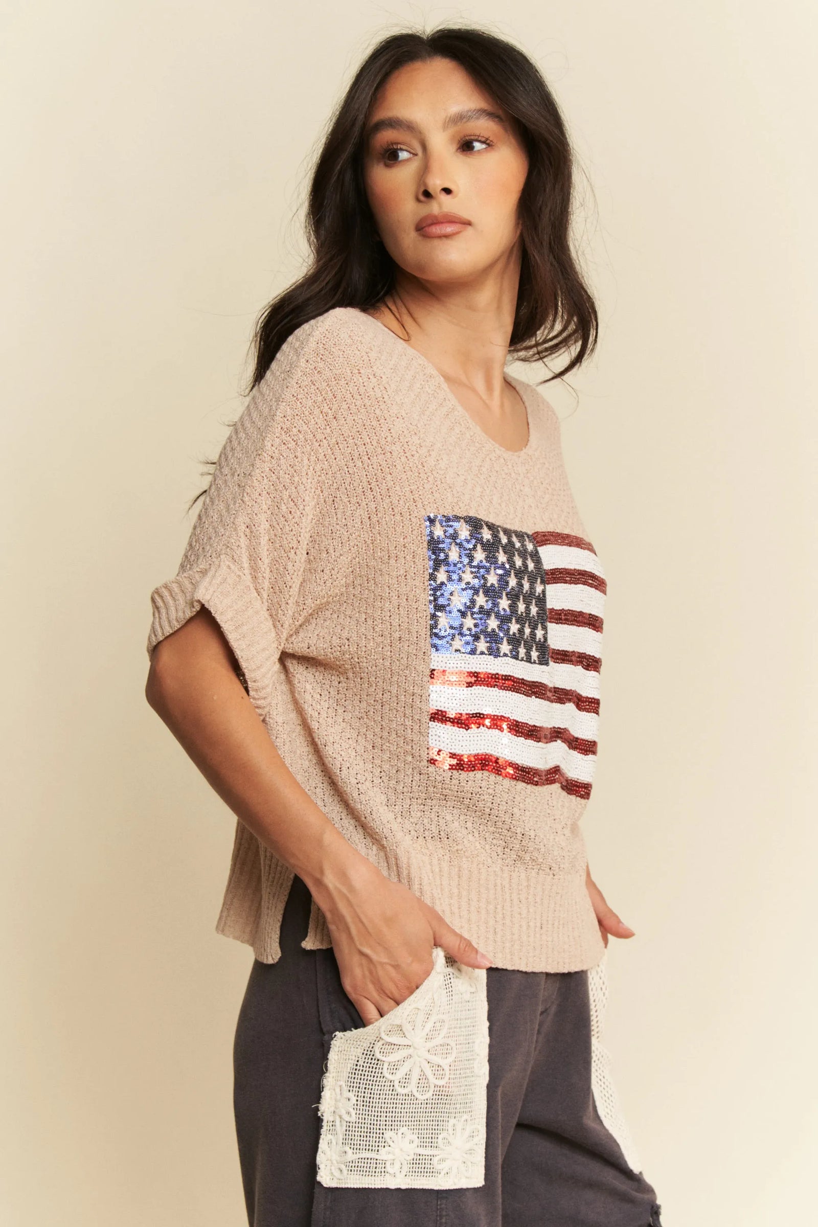 Davi & Dani Sequin American Flag Patch Short Sleeve Knit Top - Sydney So Sweet