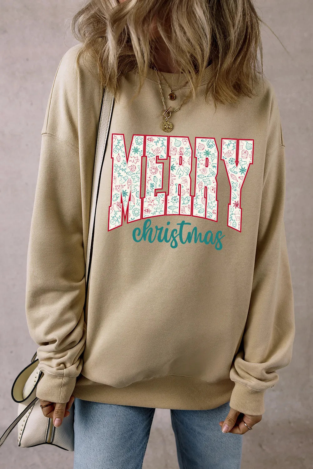 MERRY CHRISTMAS Round Neck Long Sleeve Sweatshirt - Sydney So Sweet