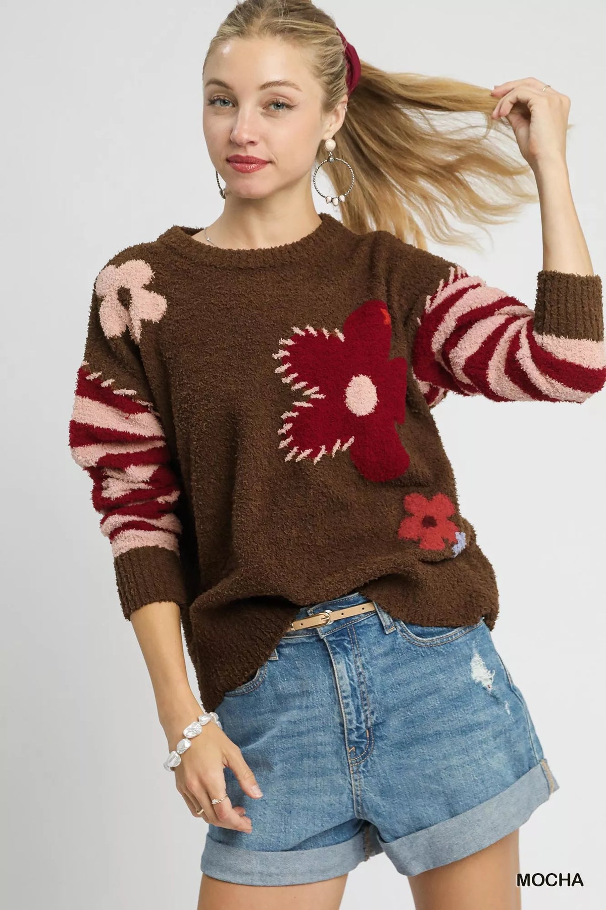 Umgee Flower Jacquard Striped Long Sleeve Sweater - Sydney So Sweet