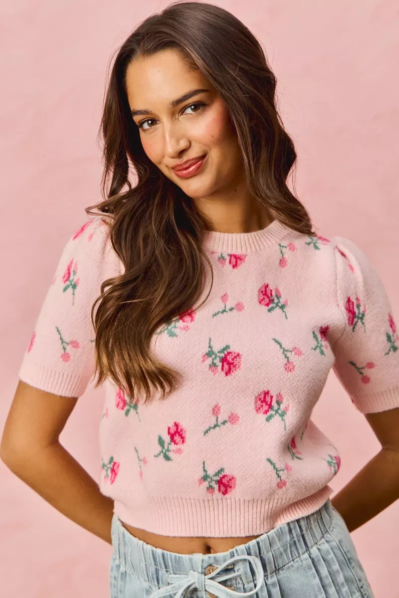 SO ME Floral Pattern Knit Puff Sleeves Sweater Top - Sydney So Sweet