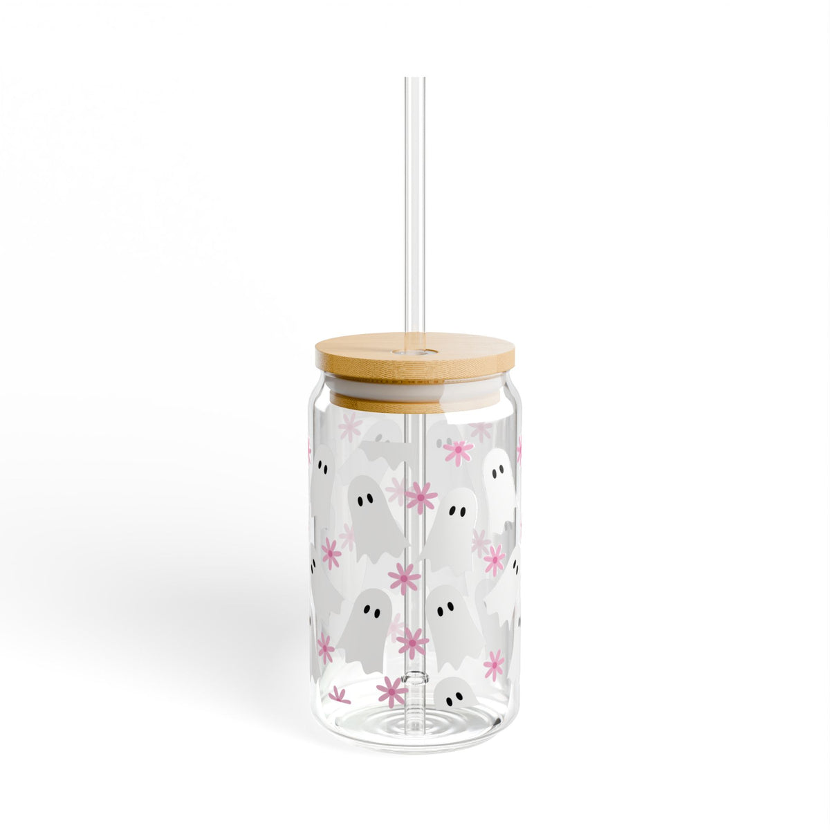 Boho Ghosts & Flowers Halloween Sipper Glass 16oz Reusable Drink Jar with Lid & Straw