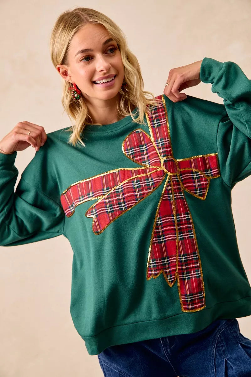 BiBi Plaid Ribbon Bow Detail Christmas Fleece Pullover - Sydney So Sweet