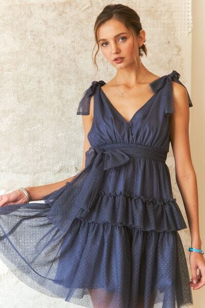 ADORA Tie Shoulder Polka Dot Mesh Dress - Sydney So Sweet