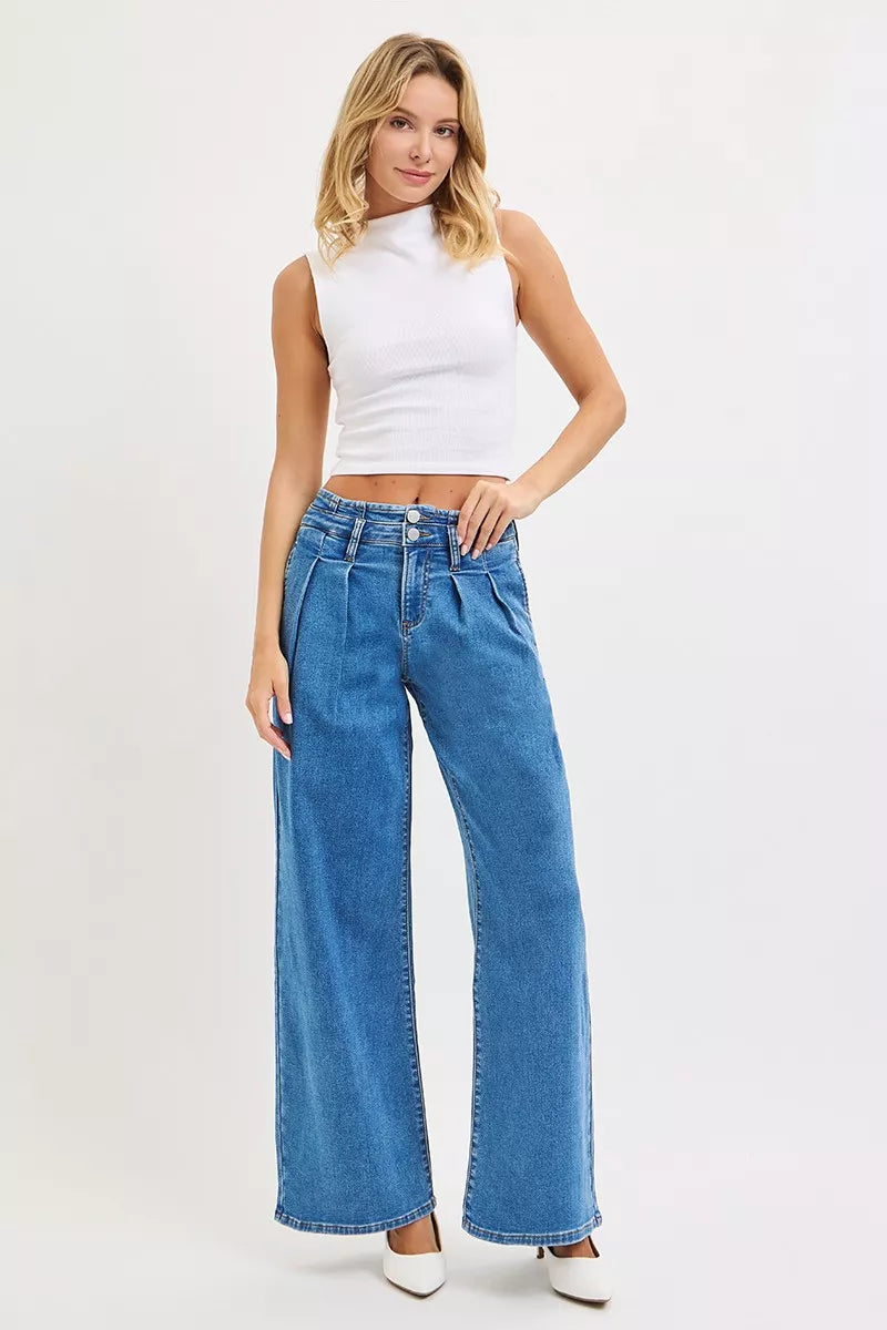 RISEN Full Size Mid Rise Fit Wide Leg with Pleated Detail Jeans Plus Size - Sydney So Sweet