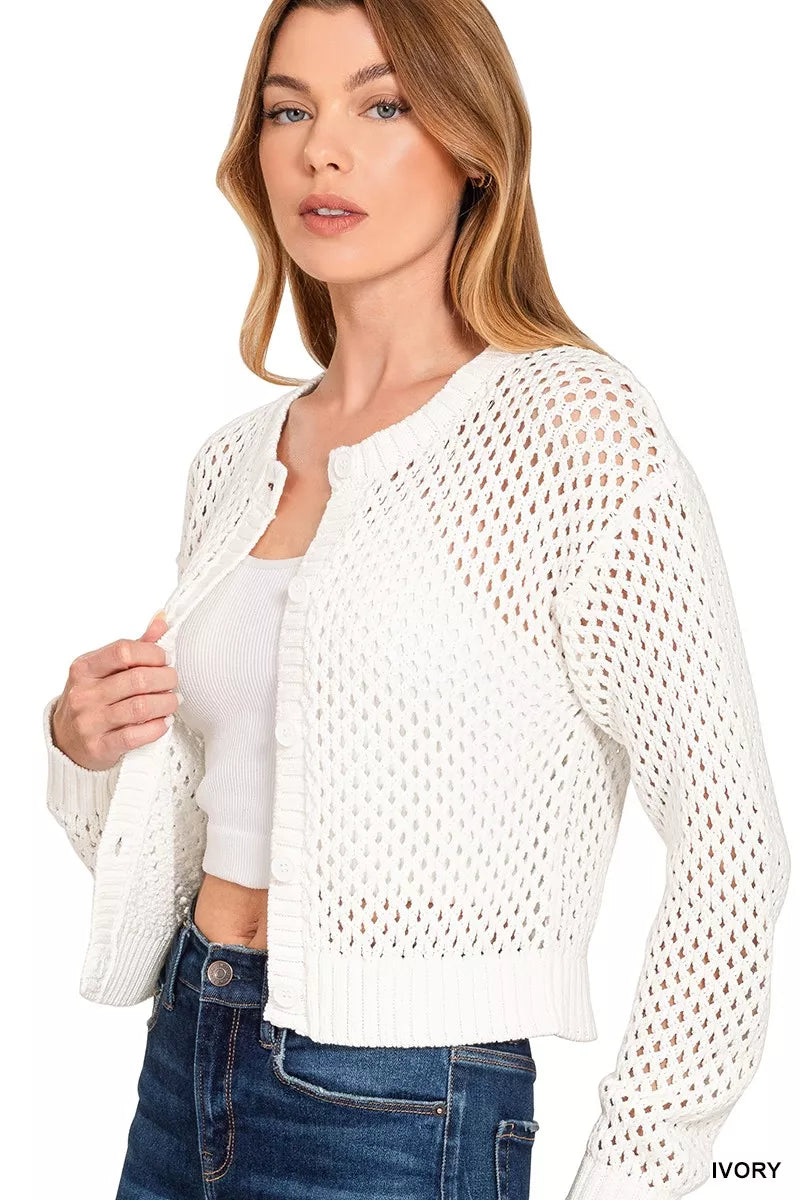 Zenana Button Down Lightweight Crochet Cardigan Sweater - Sydney So Sweet