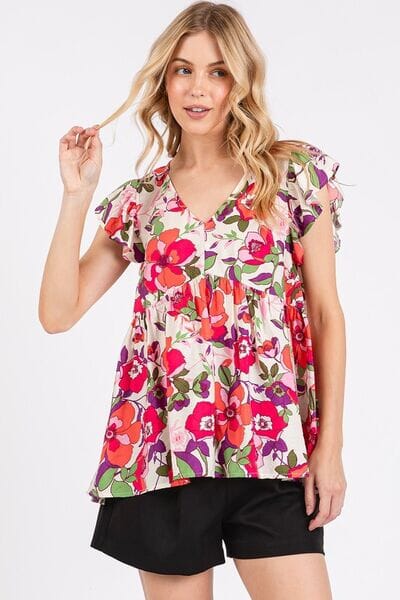 Mittoshop Floral V-Neck Ruffled Cap Sleeve Blouse - Sydney So Sweet