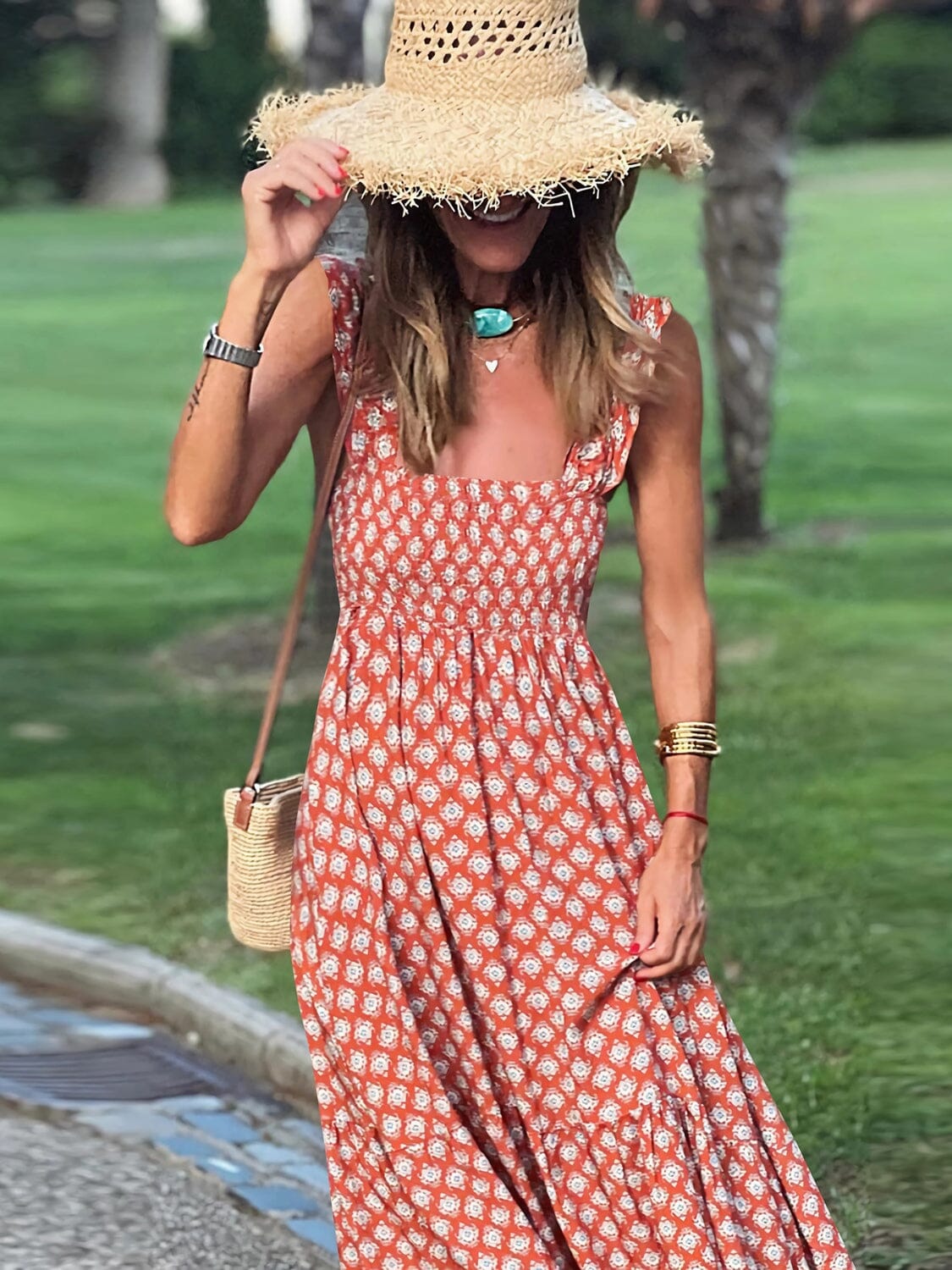 Smocked Printed Square Neck Sleeveless Dress - Sydney So Sweet