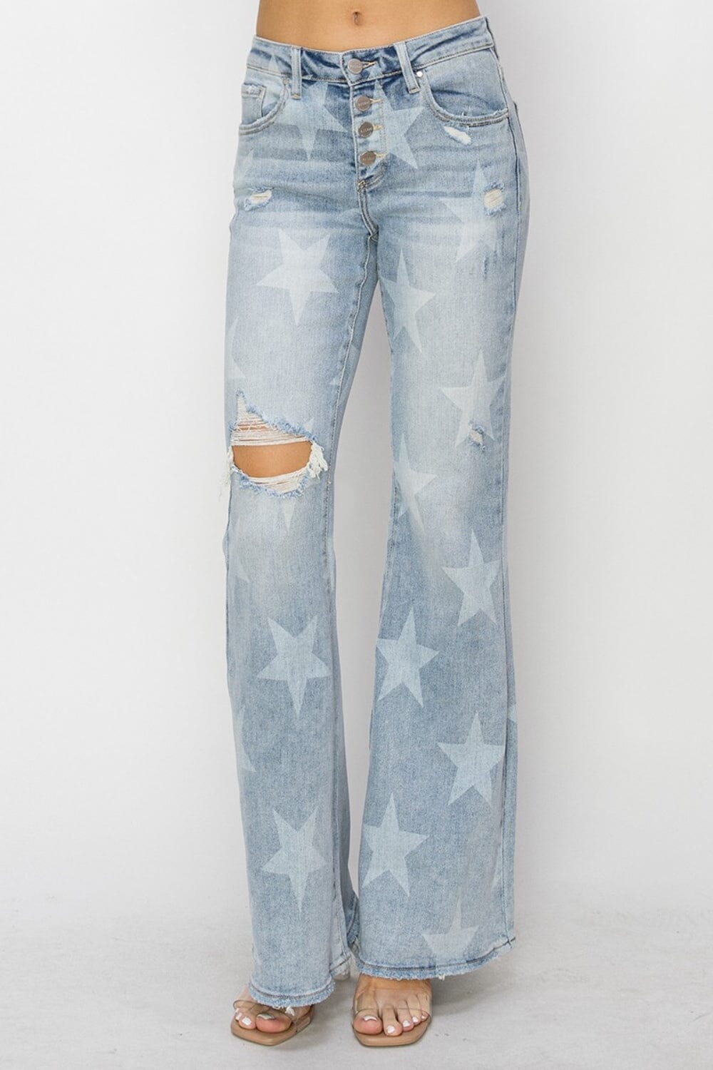 RISEN Mid Rise Button Fly Start Print Flare Jeans - Sydney So Sweet