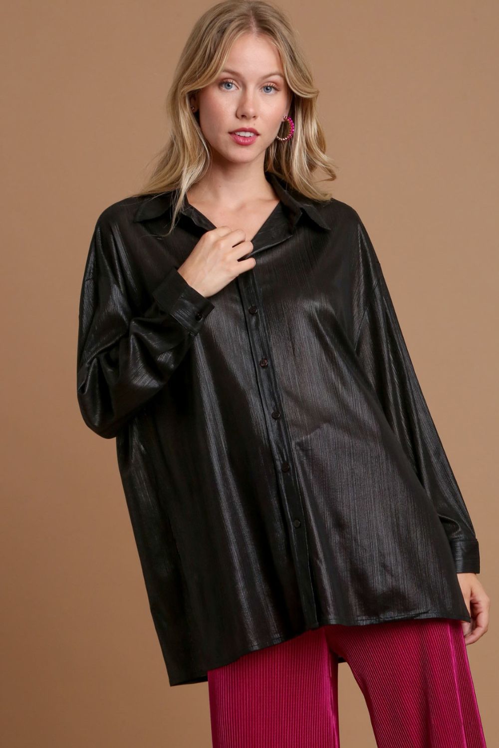 Umgee Side Slit Button Up Long Sleeve Shirt - Sydney So Sweet