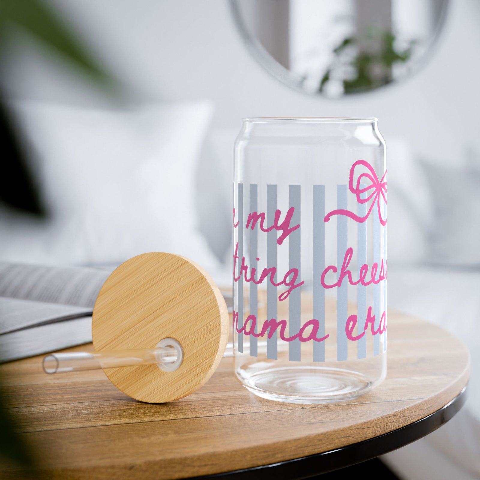 In My String Cheese Cheer Mama Era  Pink Script Sipper Glass 16oz Reusable Drink Jar with Lid & Straw