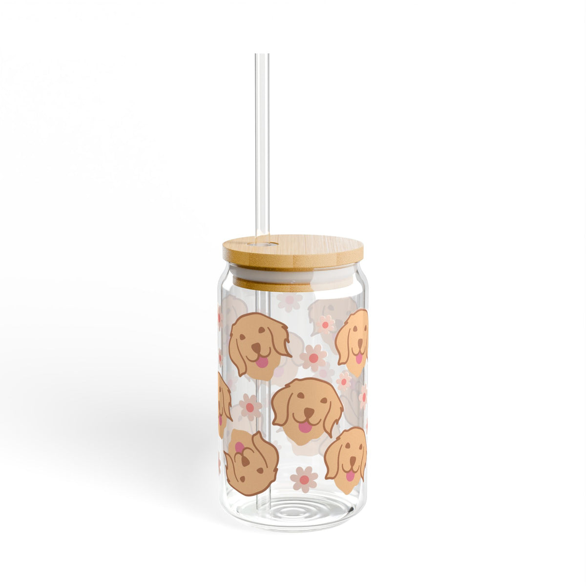 Cute Golden Retriever Sipper Glass 16oz — Reusable Drink Jar with Lid & Straw