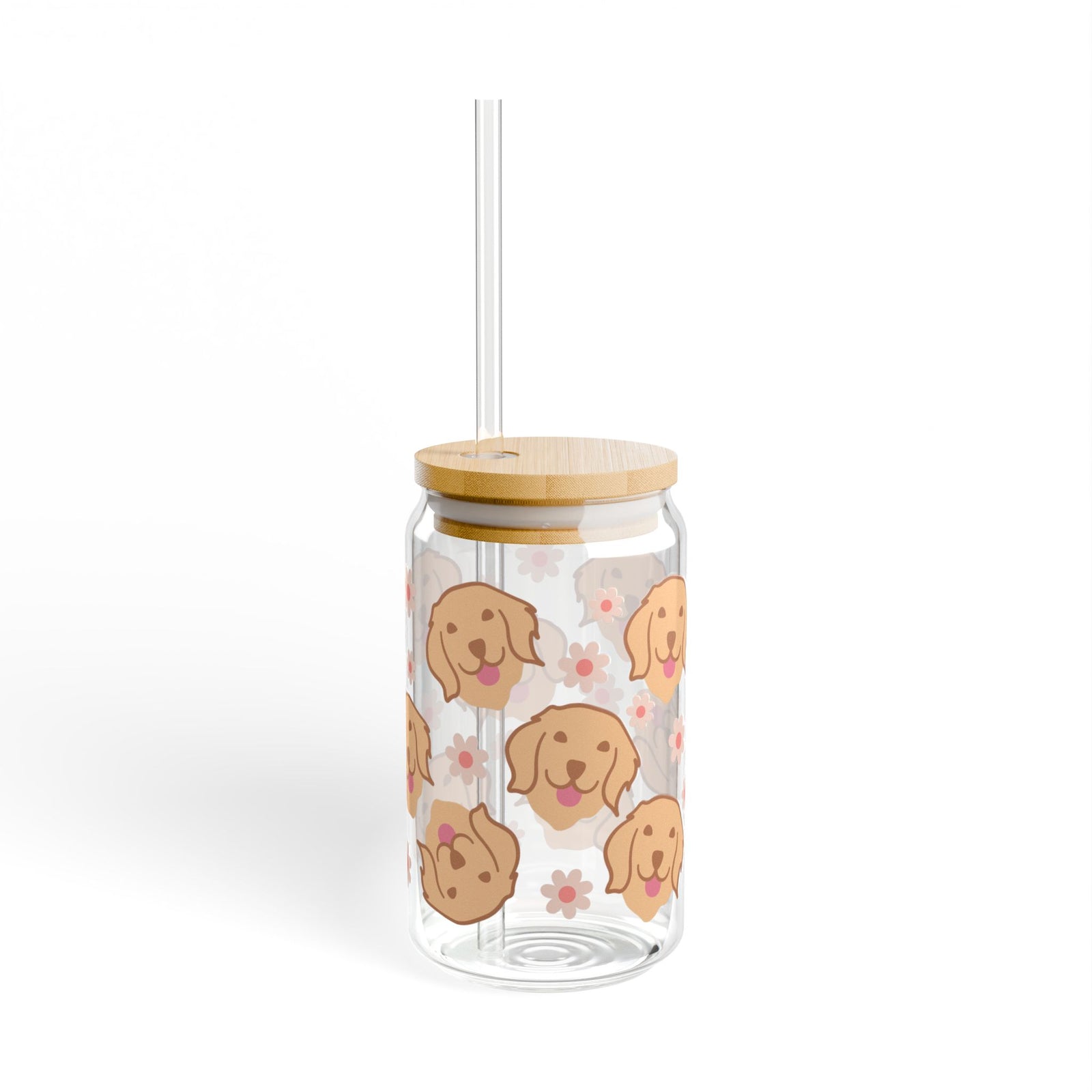 Cute Golden Retriever Sipper Glass 16oz — Reusable Drink Jar with Lid & Straw