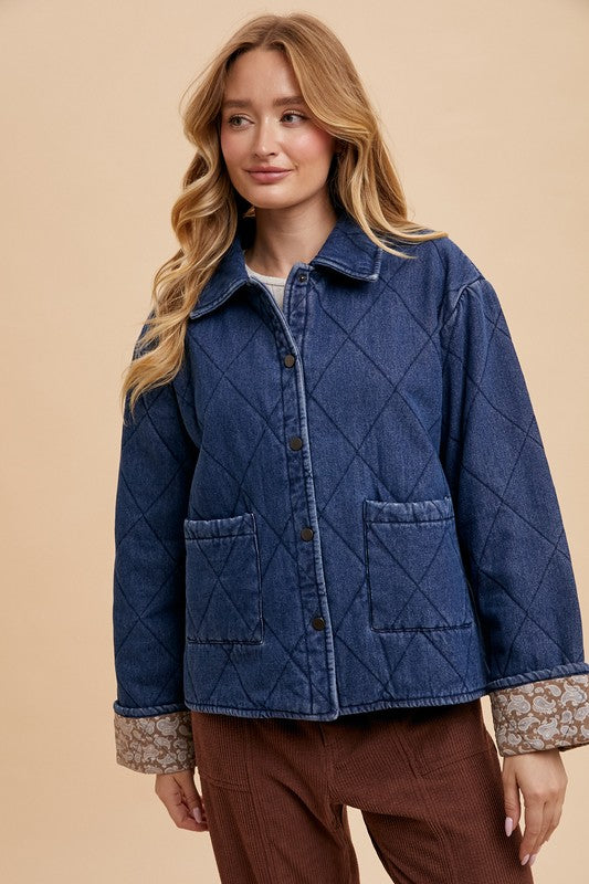 Annie Wear Quilted Printed Lining Snap Down Denim Jacket - Sydney So Sweet