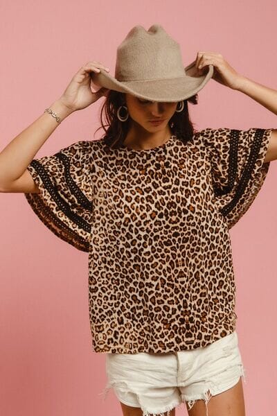 BiBi Leopard Crochet Trim Round Neck Short Sleeve Top - Sydney So Sweet