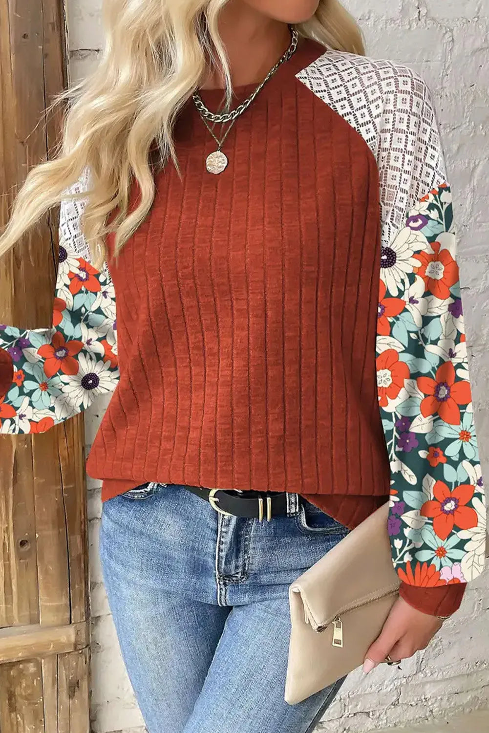 Printed Round Neck Long Sleeve Top - Sydney So Sweet