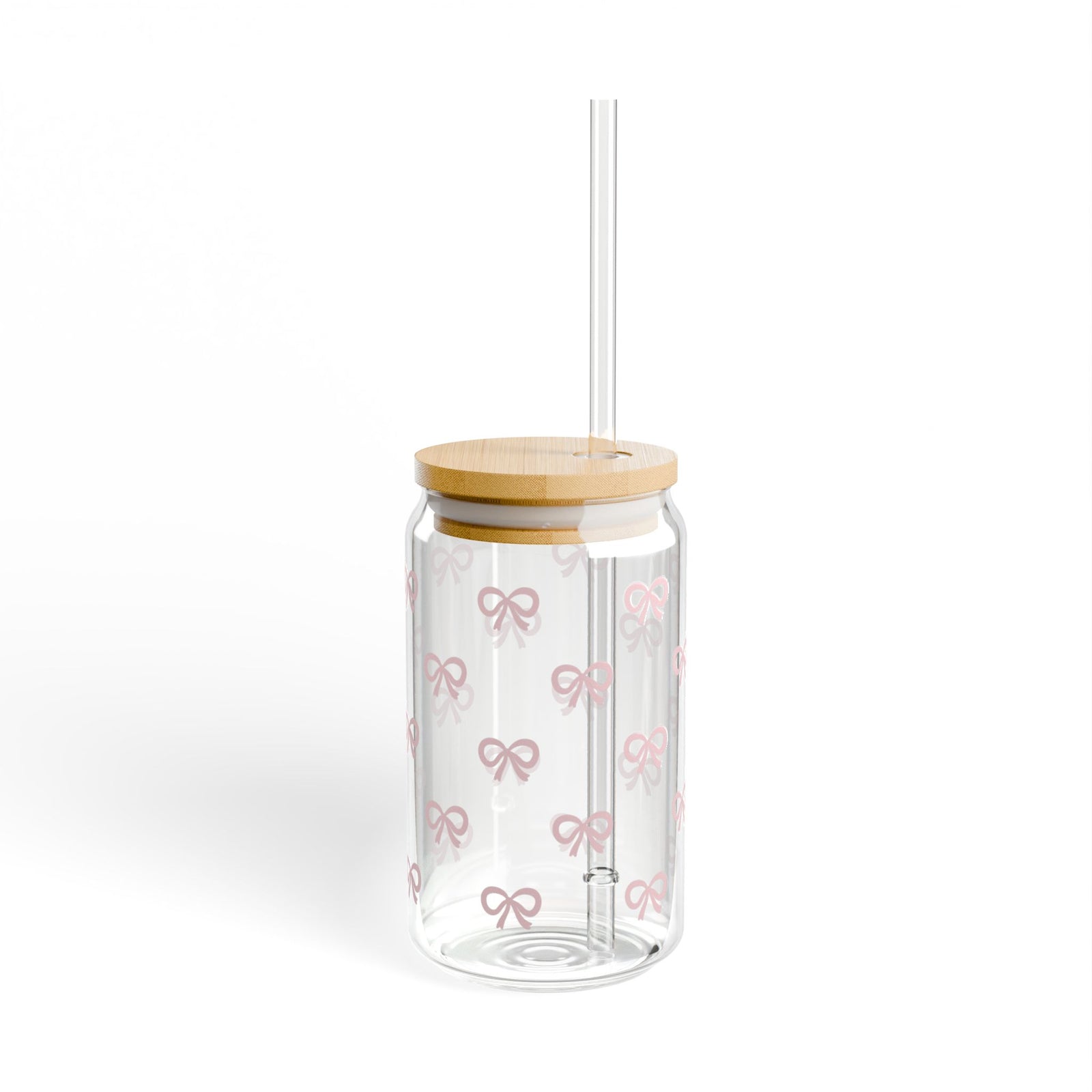Mini Bows Light Pink Sipper Glass 16oz — Reusable Drink Jar with Lid & Straw