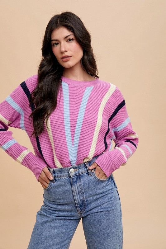 Annie Wear Chevron Stripe Round Neck Ribbed Sweater - Sydney So Sweet