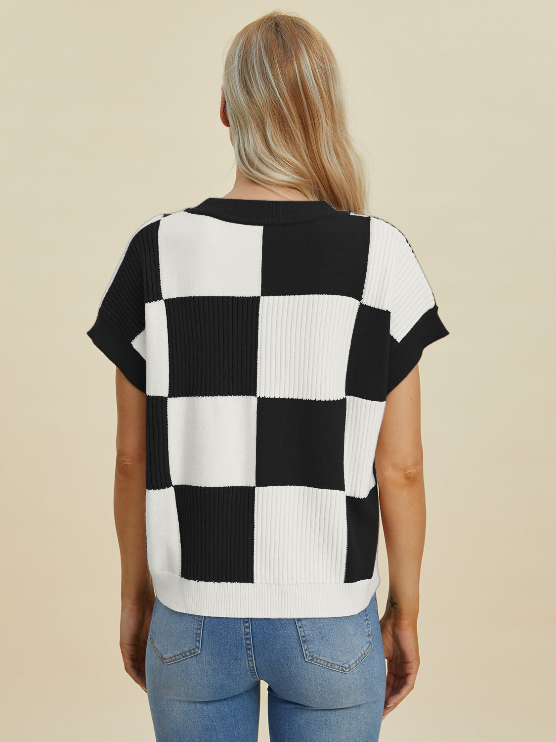 Double Take Full Size Checkered Round Neck Short Sleeve Sweater - Sydney So Sweet