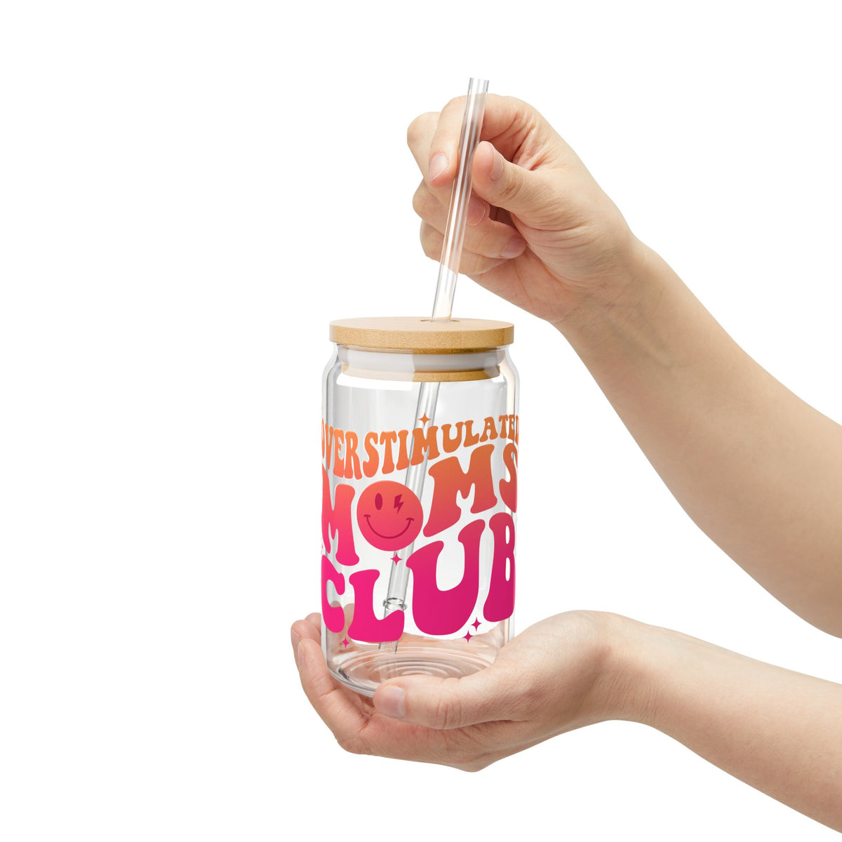 Overstimulated Moms Club Pink & Orange Sipper Glass 16oz Reusable Drink Jar with Lid & Straw