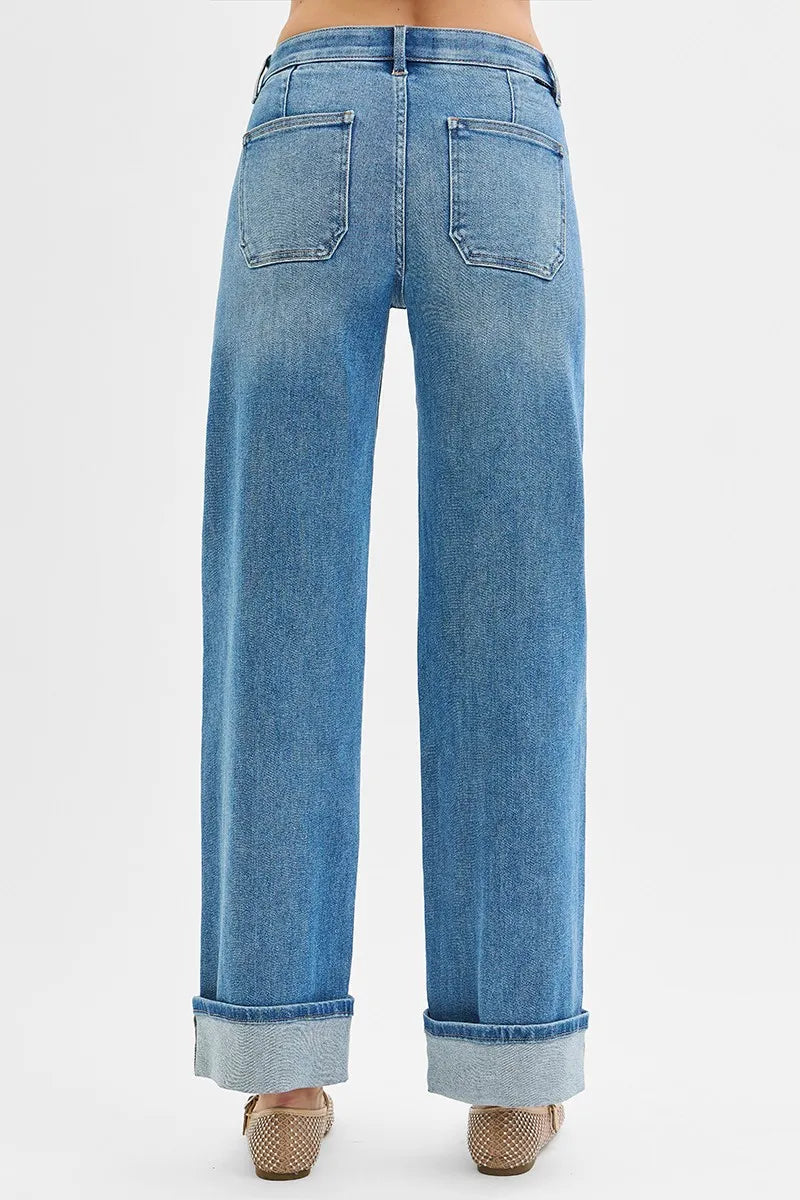 RISEN Full Size Elastic Band Mid Rise Wide Front Patch Pocket Cuff Jeans Plus Size - Sydney So Sweet