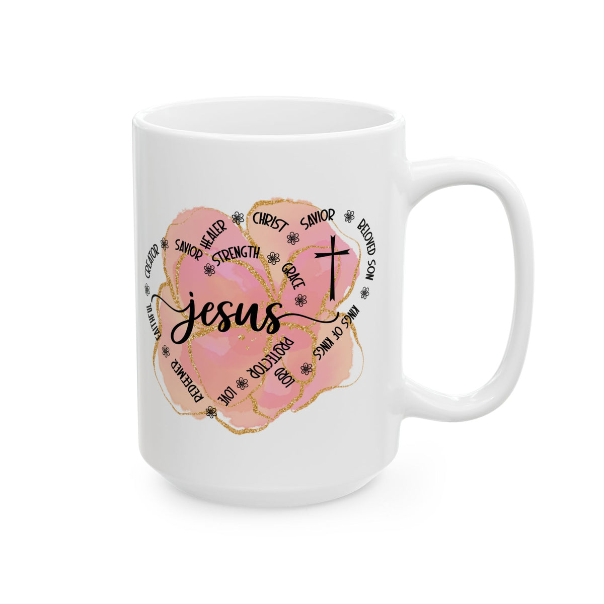 Jesus Strength & Grace Ceramic Mug — Pink Watercolor Cross Inspirational Coffee Cup (11oz/15oz) - Sydney So Sweet