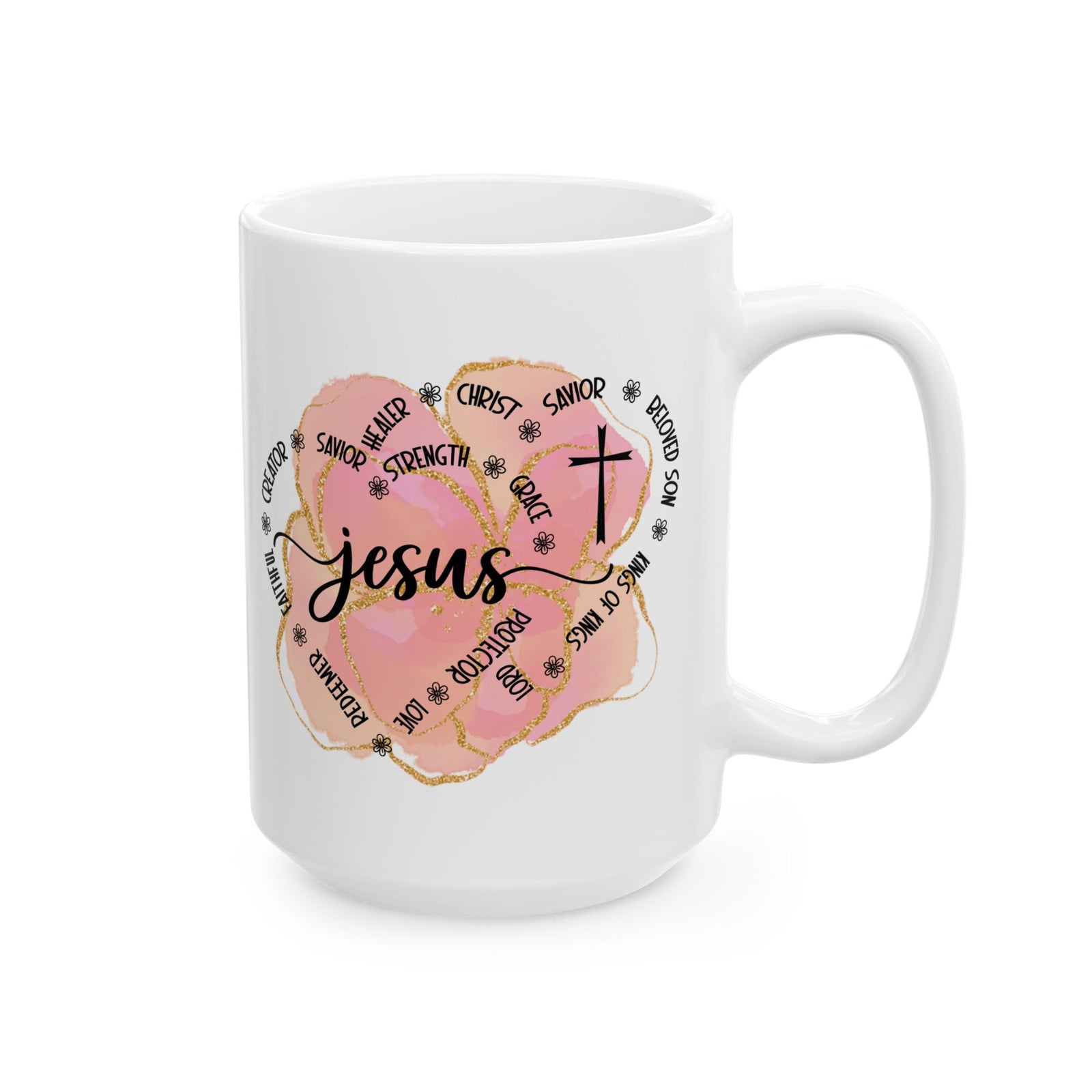 Jesus Strength & Grace Ceramic Mug — Pink Watercolor Cross Inspirational Coffee Cup (11oz/15oz) - Sydney So Sweet
